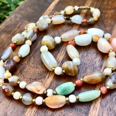 Vintage Mixed Agate Rope Necklace Polished Natural Stones Rainbow Extra Long 50” Artisan Handmade 