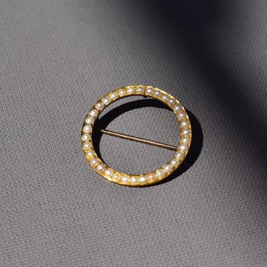 Antique 10K Gold Seed Pearl Circle Pin, Pearl Pave Open Circle Brooch Pin, Scarf/Sash/Lapel Pin, Elegant Gold Pearl Brooch, 32mm 