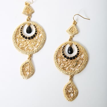 Gold Round Filgree Earrings with Black Beads & Crystals, Costume Jewelry 