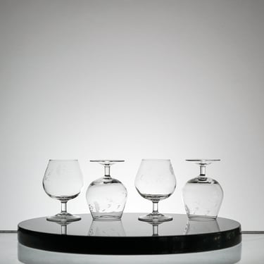 Vintage Snifter Glass Set of 4  - Etched Cognac Glasses VTG Bar Decor  Vintage Glassware Bar Cart Retro Kitchen 