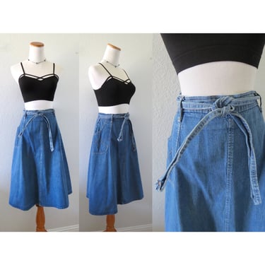 Vintage Denim Midi Skirt - Boho Hippie High Waisted Wrap Jean Skirt with Pockets - Size Large XL 