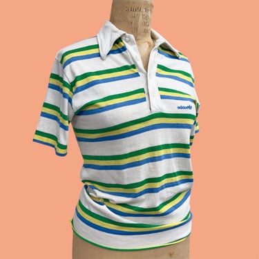 Vintage Adidas Polo Shirt Retro 1970s Tre Foil + No Size Tag + Blue + Yellow + Green + Stripes + Cotton + Lifestyle + Casual Wear + Unisex 