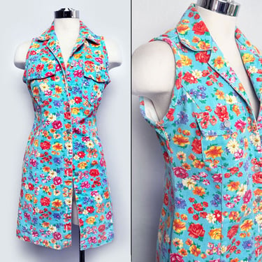 Floral Print Denim Shift Dress Vintage 1980's, 1990's Cotton Jean Jacket Sleeveless Sun Dress USA 