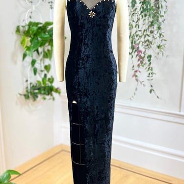 Vintage 1990s Maxi Dress | 90s Black Crushed Velvet Halter Sweetheart Sheer Mesh Open Back High Side Slit Party | x-small/small 