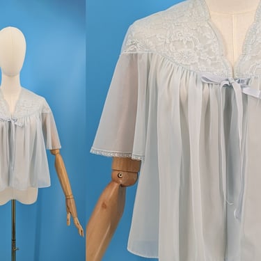 Vintage 50s Pale Blue Vanity Fair Small Bed Jacket - Fifties Nylon Short Sleeve Tie Front Bed Jacket 