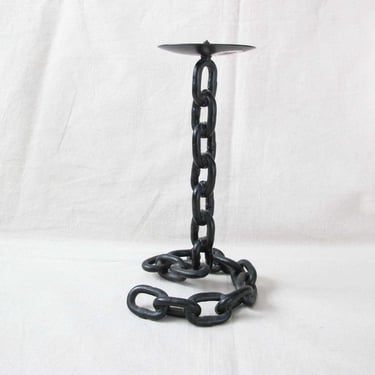 Vintage Brutalist Chain Candleholder - Heavy Black Metal Chain Tall Candelabra Candlestick - Minimalist Home Decor 