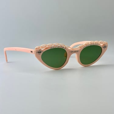 1950'S PINK Cat Eye Sunglasses - Made in the USA -  Rhinestones & Braided Details - Original Green Glass Lenses 