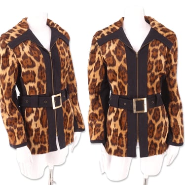 70s leopard faux fur jacket M, vintage 1970s glam rock cheetah print jacket, belted fax fur coat blazer medium 