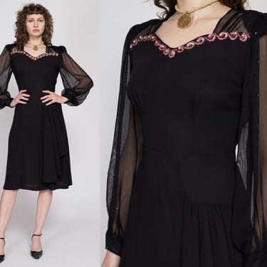 Medium 1940s Black Sheer Sleeve Sequin Midi Dress | Vintage 40s Pink Trim Peplum Midi Party Dress 