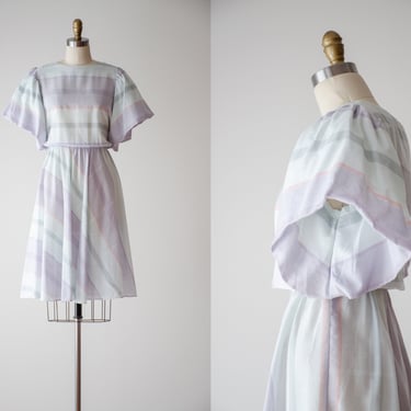 pastel striped dress | 80s vintage aqua blue lavender purple cottagecore puff sleeve fit and flare dress 