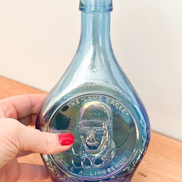 1970s Blue Wheaton Glass Charles Lindbergh Bottle. Vintage Colored Glass Retro Decanter. The Lone Eagle Airplane Collectible Glass. 