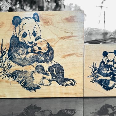 Rare Enormous Giant Panda and Cub Stamp by Arizona Stamps, Tool Set with Smaller Version Circa 1990s _Wood Mounted by LeChalet