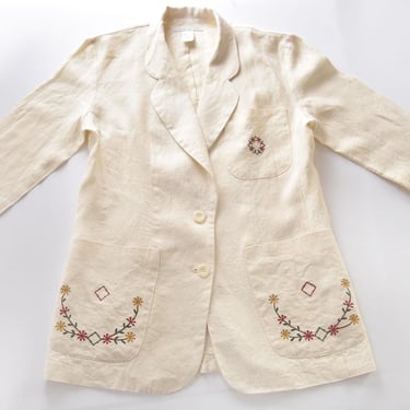 100% LINEN Blazer Jacket Embroidered Ivory Cotton Vintage 1980's, 1990's Oversized Cottage 