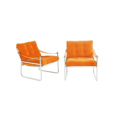 Pair of Tubular Chrome & Orange Velvet Chairs, 1970s 