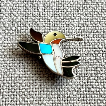 Vintage Zuni Pueblo Hummingbird Pin in Silver and Inlaid Stone and Abalone shell 