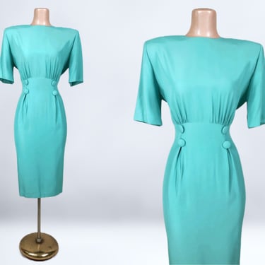VINTAGE 80s Curvy Turquoise Bombshell Power Dress by Hearts Sz 6 | 1980s Sexy Classy Wiggle Office Dress | Bold Shoulders | vfg 
