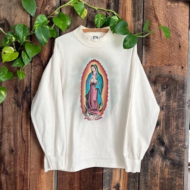 Vintage 90s Our Lady of Guadalupe Mother Mary Hand Painted Longsleeve Shirt size L 