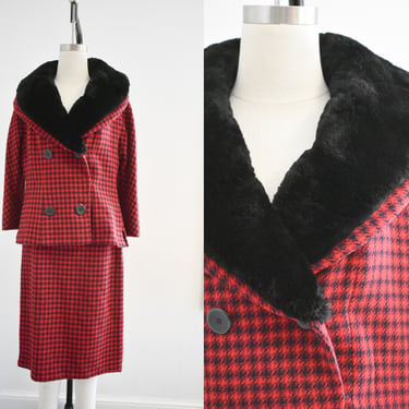 1950s Dan Millstein Red and Black Plaid Wool Skirt Suit 