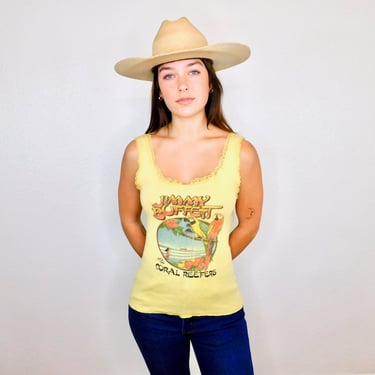 Jimmy Buffet 1982 Tank // vintage 80s shirt tee t-shirt t top blouse hippy tee yellow parrot lace coral reefers bird tropical // S/M 