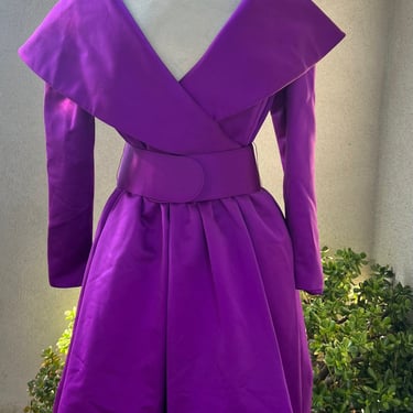 Vintage glam purple cocktail dress belted bold shawl collar Sz 10 Victor Costa 