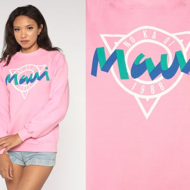 1988 Maui Sweatshirt 80s Pink Hawaii Sweatshirt No Kai Oi Graphic Print Slouch Pullover Surfer 1980s Shirt Vintage Crazy Shirts Medium 