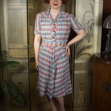 1940s Dress - Wounded Bird - DARLING Vintage 40s Blue Cotton Plaid Day Dress with Red Buttons and Pockets 