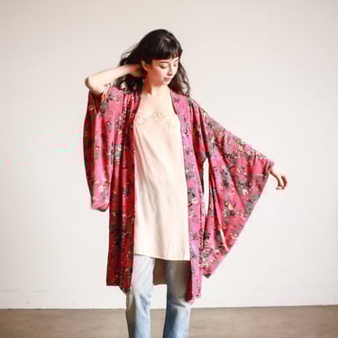 1940s Raspberry Print Reversible Pongee Silk Kimono 