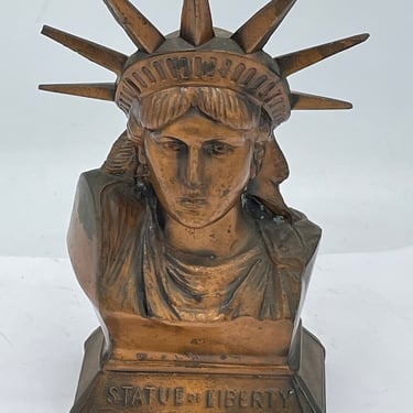 Vintage Dye Cast Metal Copper Tone Statue of Liberty Bust Coin Bank 