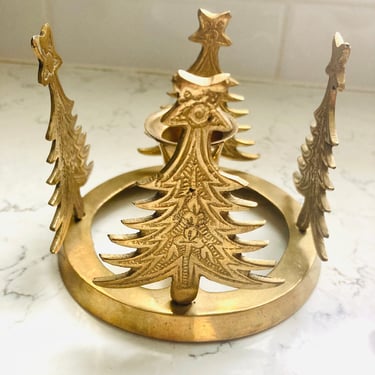 Vintage Solid Golden Brass Four Sided Circular Christmas Tree Taper Candle Holder by LeChalet