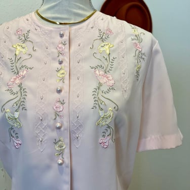 Vintage 90s Laura Scott Pink Floral Embroidered Button Front Blouse - 14 