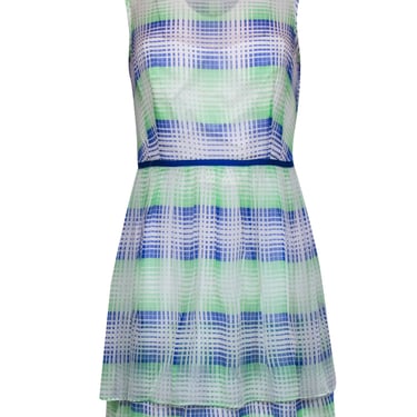 Shoshanna - White, Blue & Neon Green Grid Pattern Silk Dress Sz 6