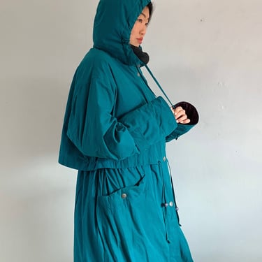 90s down puffer coat / vintage teal green down filled quilted maxi cinched waist hooded puffy parka coat | S M L 
