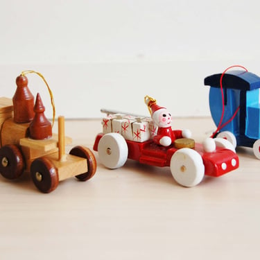 Set of 3 Vintage Wooden Painted Christmas Tree Ornaments Choo Choo Train, Santa on a Firetruck, Toy Car 