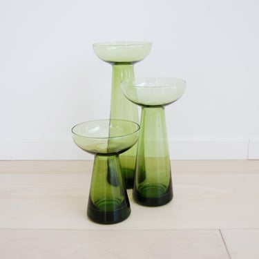 Set of 3 Mid Century Modern Green Glass Tall Candle Holders 