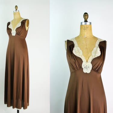 70s Vanity Fair Brown Slip Dress / 1970s / Vintage Lingerie / Maxi Slip Dress / Wedding Lingerie / Size S/M/L 