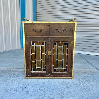 Vintage Brass and Oak Bar Cabinet 