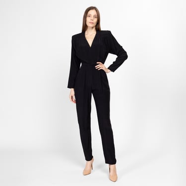 Small 80s Black Quilted Shoulder Wrap Jumpsuit | Vintage Power Suit V Neck Long Sleeve Tapered Leg Pantsuit 