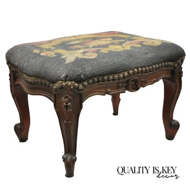 Vtg French Country Louis XV Style Carved Walnut Needlepoint Footstool Ottoman