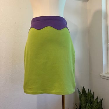 Vintage 90s Lime Green Wavy Purple Elastic Waist Mini Skirt Size Large 