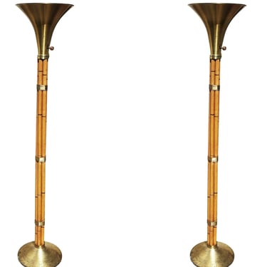 Restored Stacked Rattan Torchère Floor Lamps w/ Brass Shade by Russel Wright, Pair 