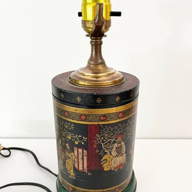 Vintage Tea Tin Table Lamp. Black and Gold Chinoiserie Asian Small Lamp. 
