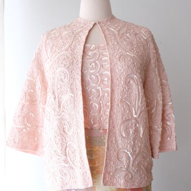 Shimmering 1960's Baby Pink Aurora Sequin &amp; Soutache Top with Matching Cardigan / Sz M