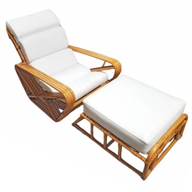 Restored Rattan Four Strand Square Pretzel Chaise Lounge Chair with Ottoman 