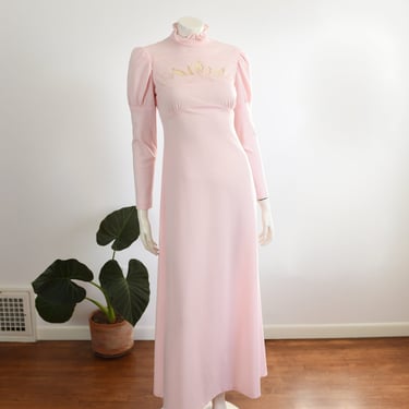 1970s Pink Juliet Sleeve Maxi Dress - XS 