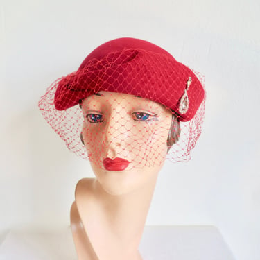 1950's Red Felt Cloche Style Hat Rhinestone Trim and Veil Rockabilly Swing 50's Millinery Valerie Modes Size 22.5 
