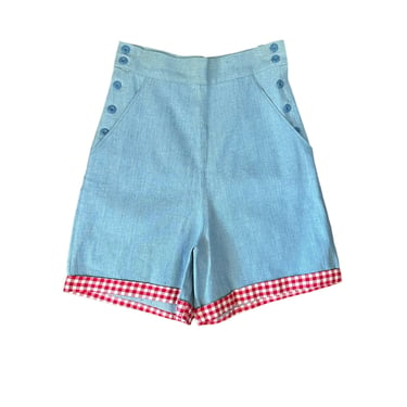 40s Chambray Gingham Cotton Shorts / 1940s Vintage High Waisted Shorts / Medium / 26 inch waist 