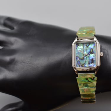 90's abalone stainless steel Geneva quartz wrist watch, rectangle face blue green paua shell stretch band watch 