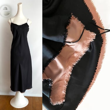 Gorgeous Slip Dress | Black + Pink Vintage Rockabilly Pin Up Spaghetti Strap, Raw Edge Bias Dress | 80s 90s meets 50s Boudoir | Medium 