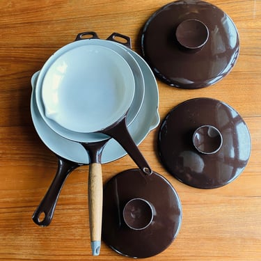 Trio of Michael Lax Copco Denmark skillets / brown enameled cast iron pan set / midcentury modern kitchen 