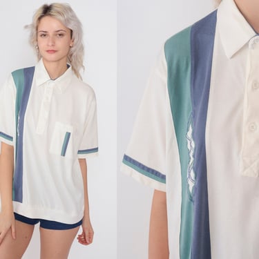 90s Polo Shirt White Striped Collared T-Shirt Blue Green Embroidered Diamond Short Sleeve Top Banded Hem Preppy Vintage 1990s Men's Large 